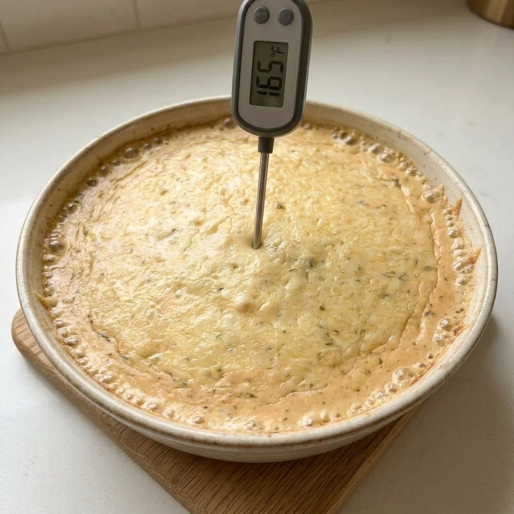 Baked chicken dip with gently bubbling edges and a 165°F center