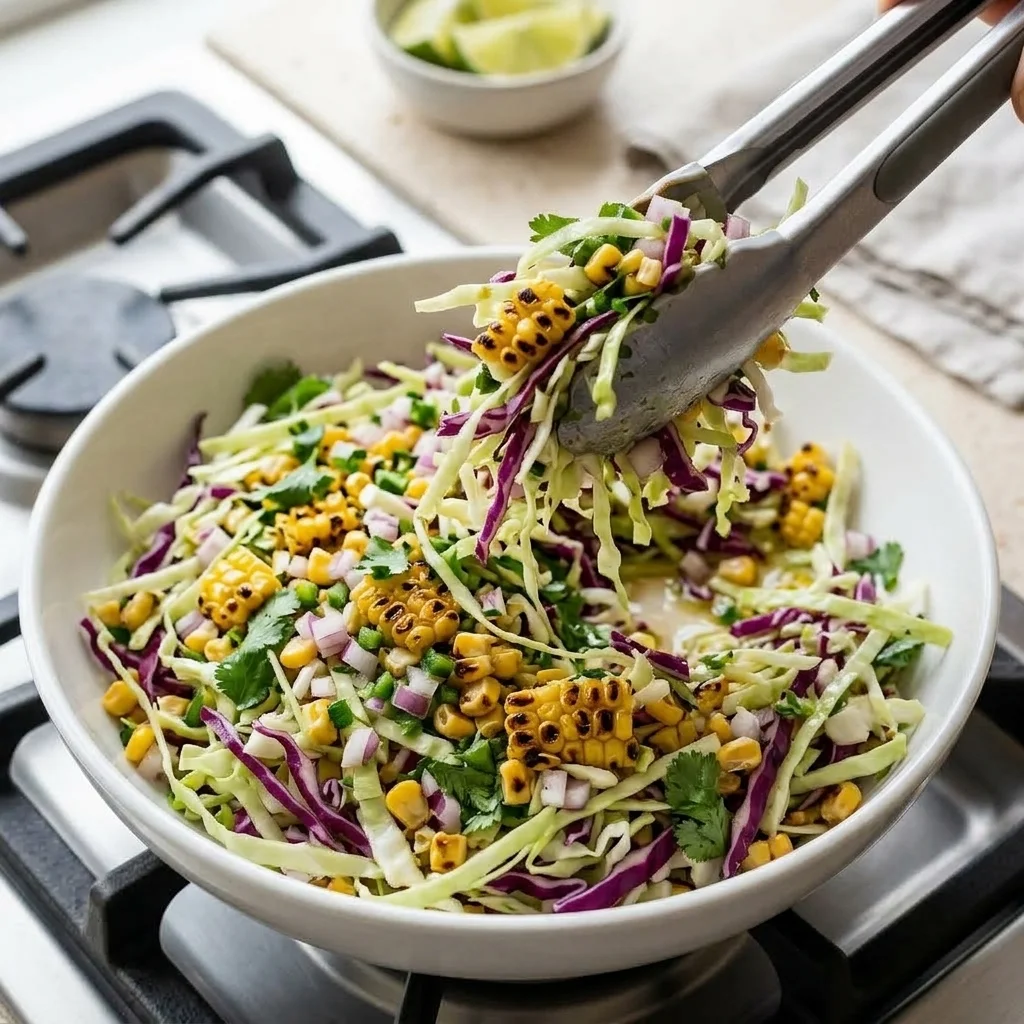 Crisp cabbage slaw with charred corn, red onion, cilantro, jalapeño, and lime