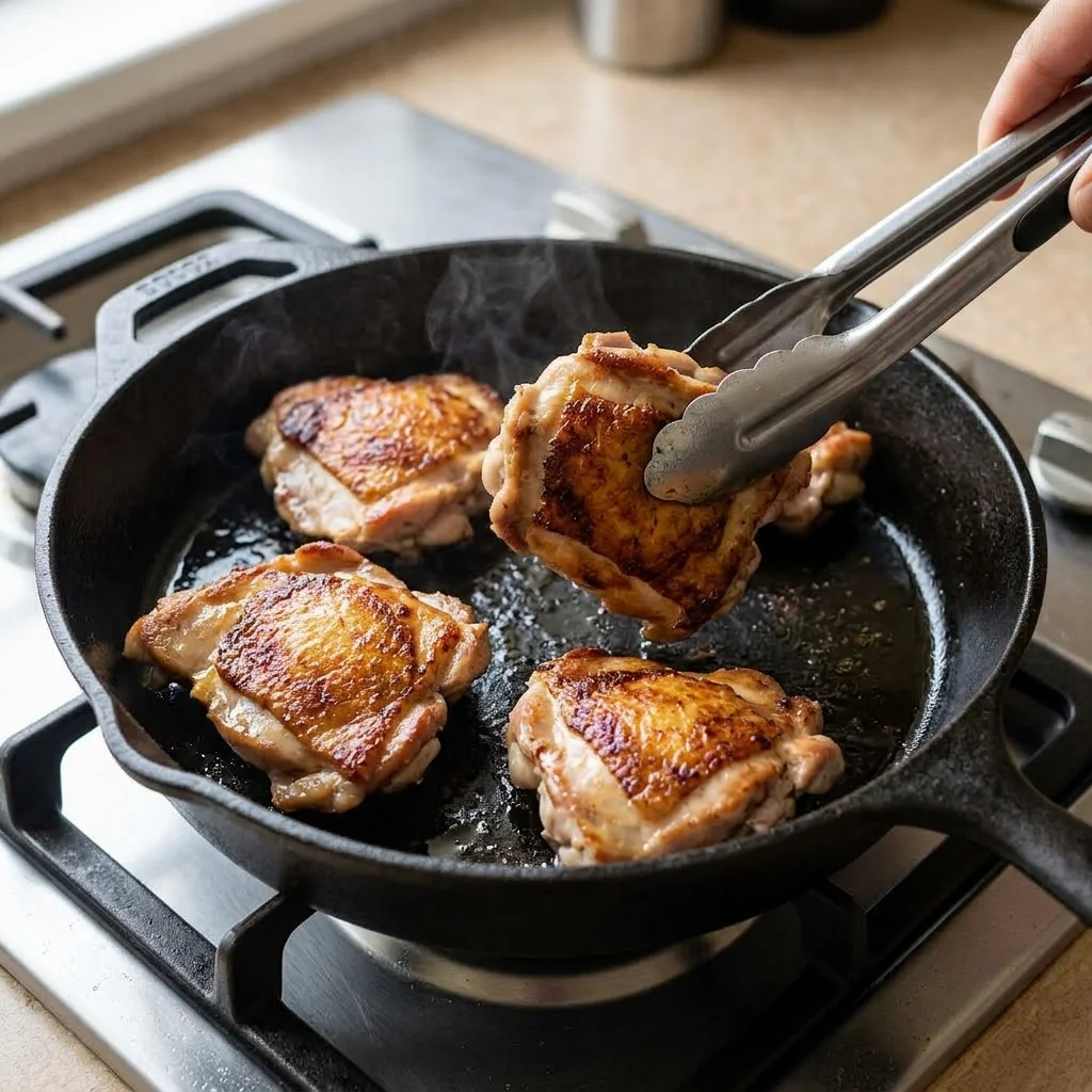 Uncrowded halal chicken thigh pieces browning in a hot skillet