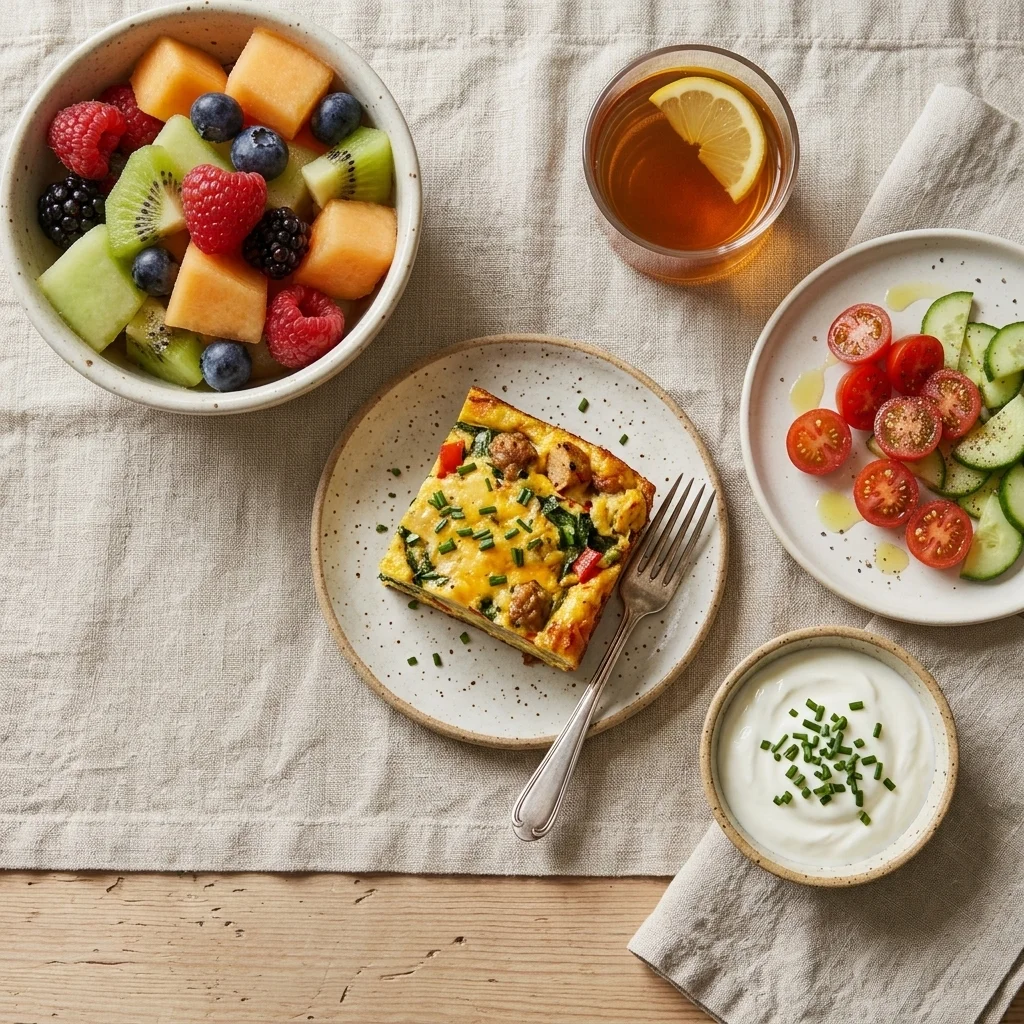 Savory breakfast bake served with fruit salad, tomato cucumber salad, yogurt, and tea