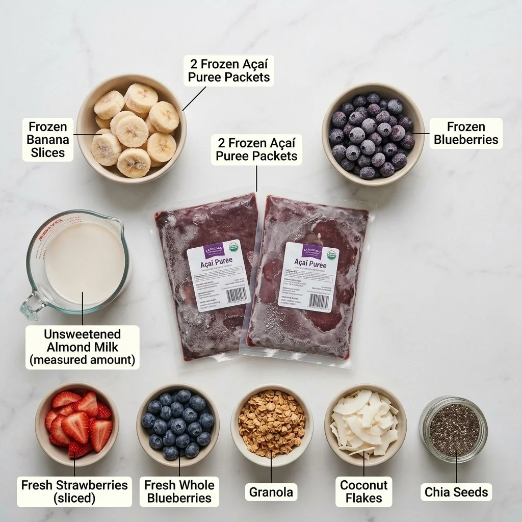 Ingredients for a homemade açaí smoothie bowl arranged on a light kitchen surface.