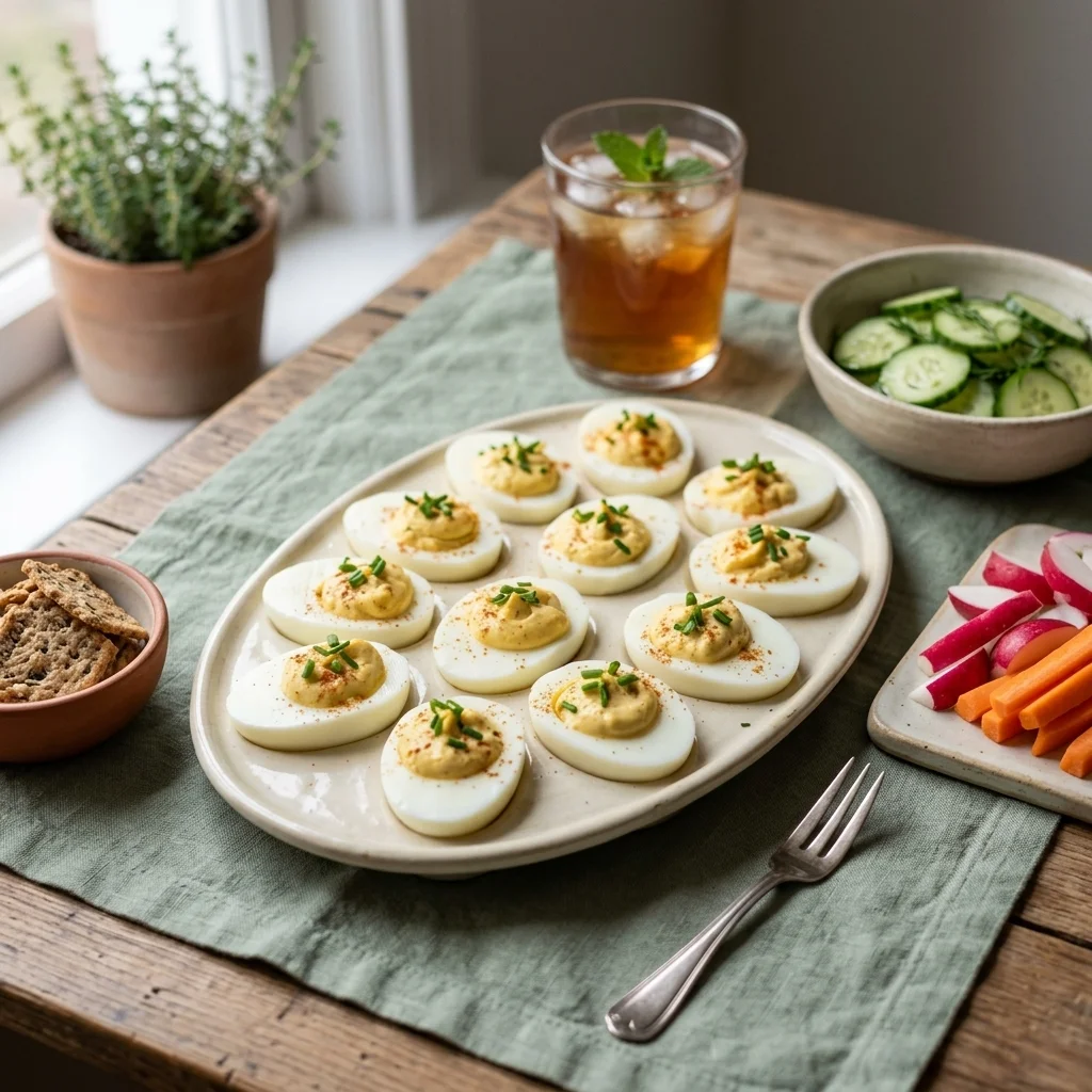 Mustard-filled eggs served with cucumber salad, raw vegetables, crackers, and tea