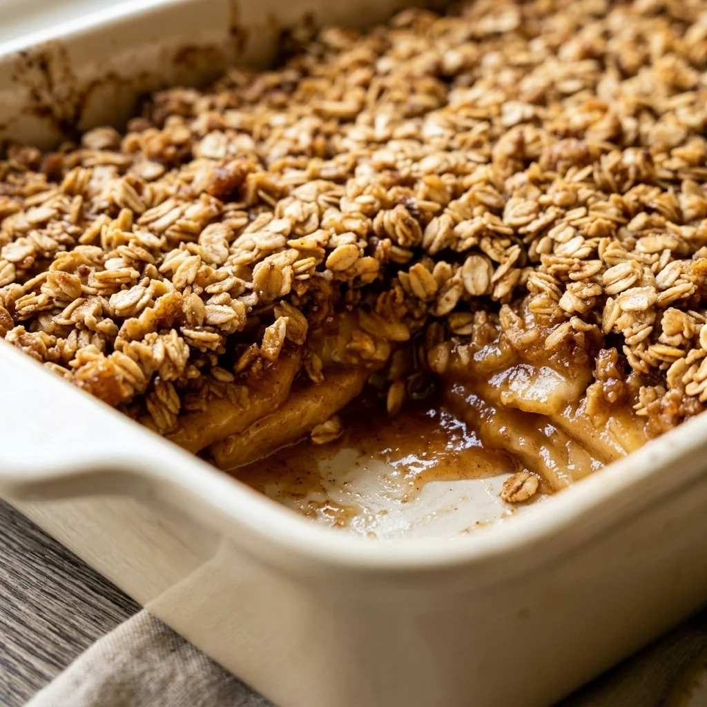 Close-up of crisp oat clusters over thick baked cinnamon apple filling.