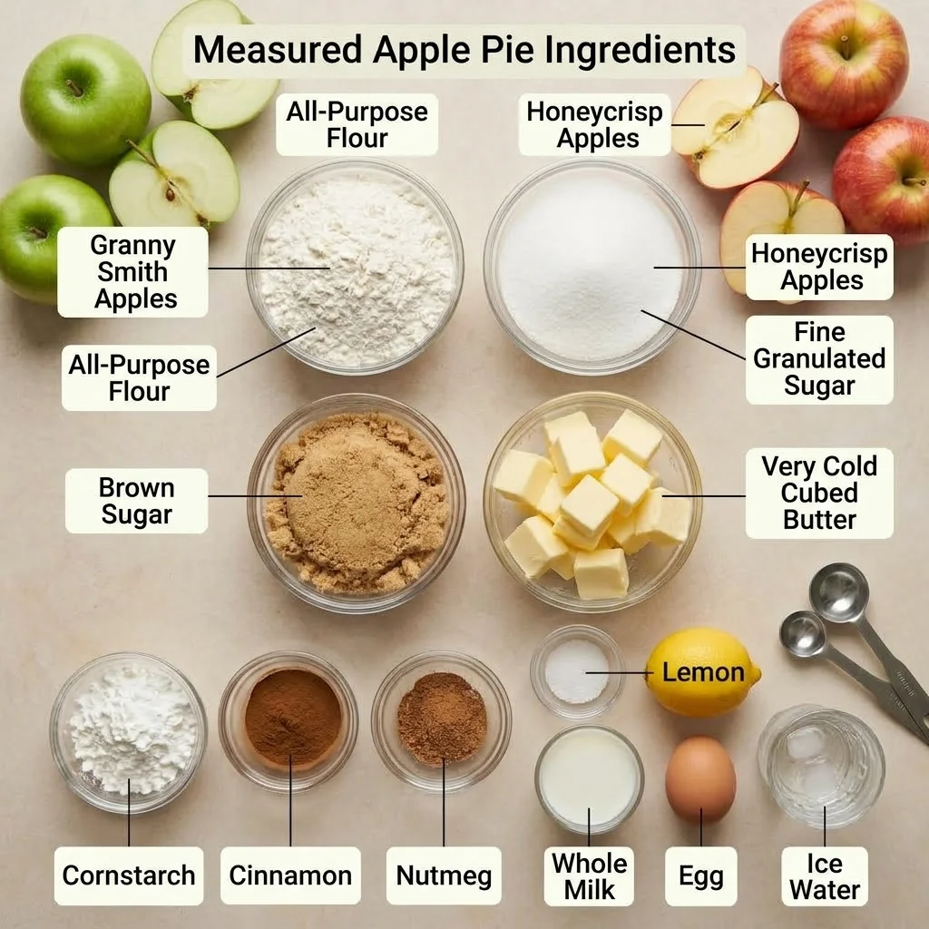 Measured baking ingredients with Granny Smith and Honeycrisp apples for a double-crust pie.