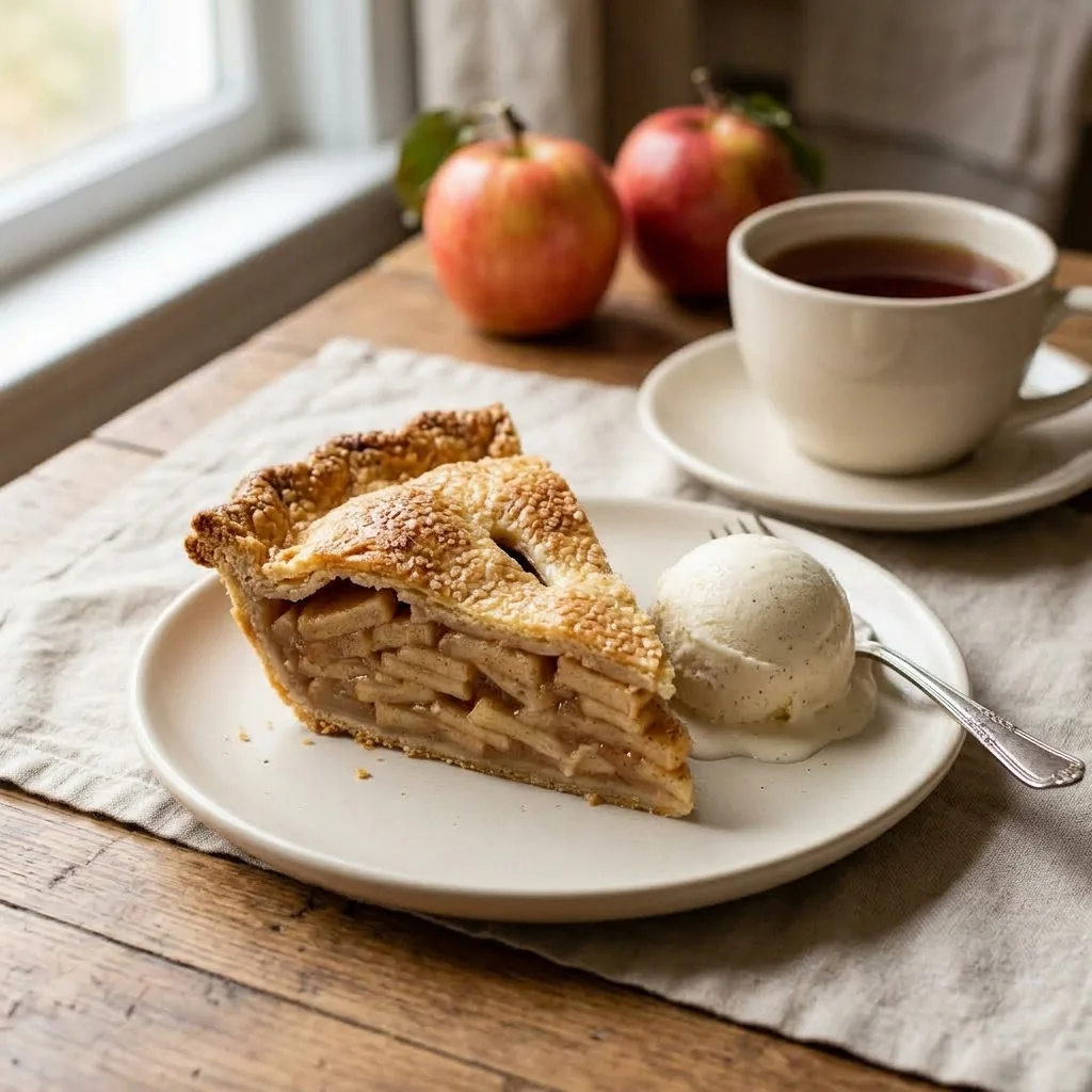 Warm cinnamon apple pie slice served with vanilla ice cream and black tea.