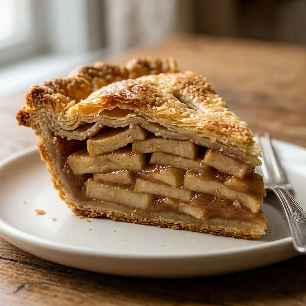 Close-up of a set cinnamon apple filling above a crisp browned bottom crust.