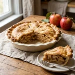 Homemade apple pie with a flaky golden crust and visible cinnamon apple layers.