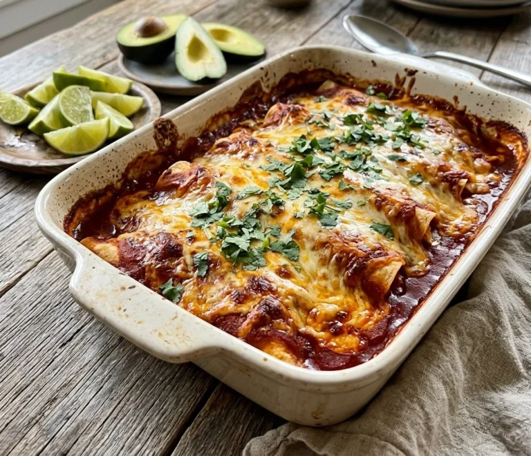 Baked chicken enchiladas in a 9x13 dish with bubbling cheese and red sauce for a family dinner