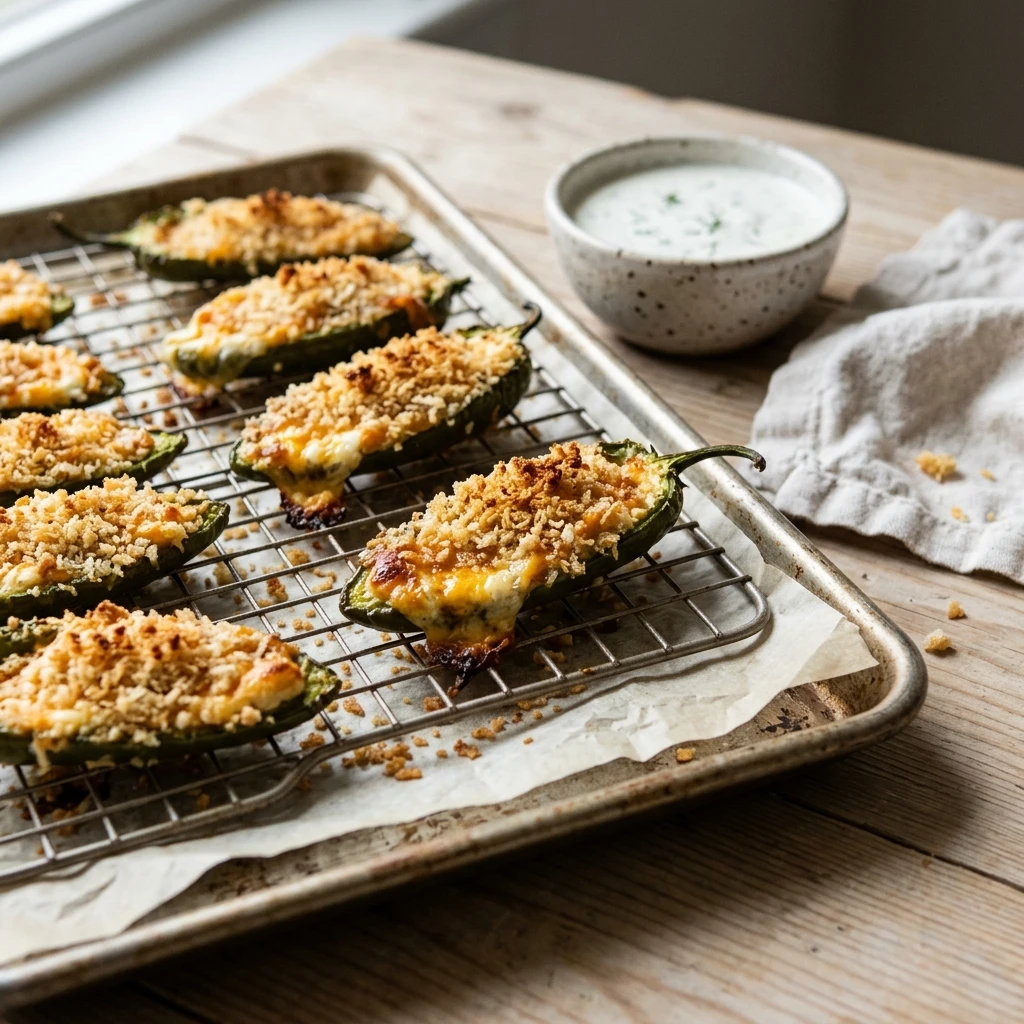  Golden baked jalapeno poppers with a crisp panko crust on a wire rack, ready as a game day appetizer
