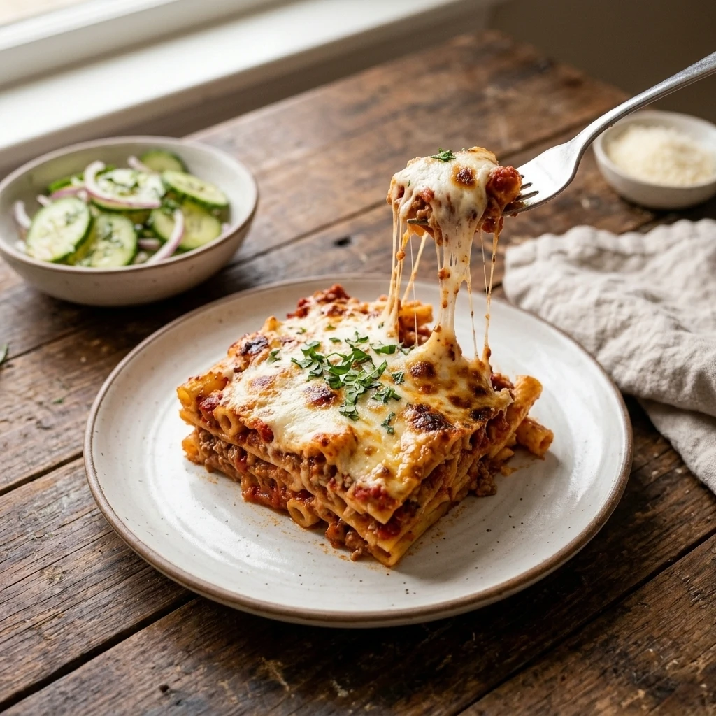 Baked ziti square with melted cheese on a plate beside cucumber salad for dinner