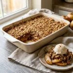 Apple crisp with golden oat topping and tender cinnamon apples in a baking dish.