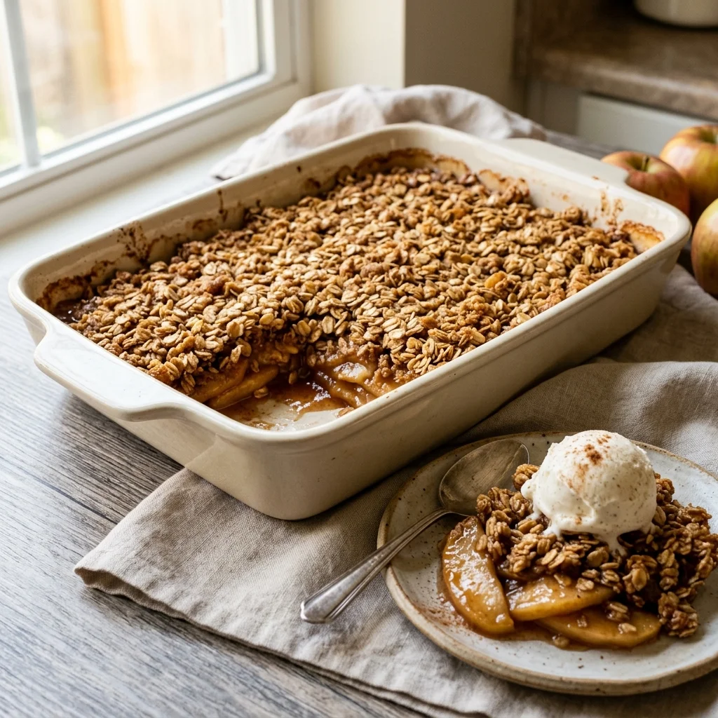 Apple crisp with golden oat topping and tender cinnamon apples in a baking dish.