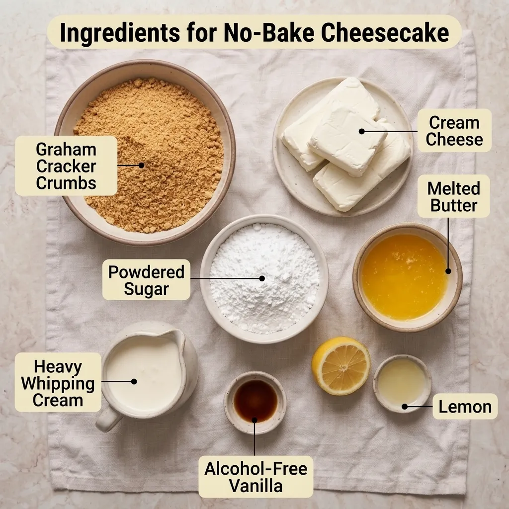Overhead flat lay of graham crumbs, butter, cream cheese, powdered sugar, cream, lemon and alcohol-free vanilla