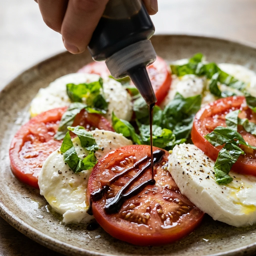  Close-up of balsamic glaze zigzag over a fresh caprese salad with glossy tomato slices and soft mozzarella
