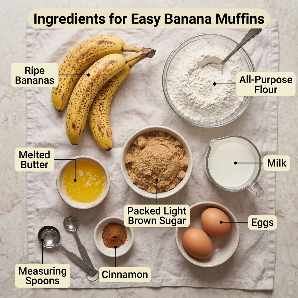 Overhead flat lay of ingredients for an easy banana muffin recipe with ripe bananas and brown sugar