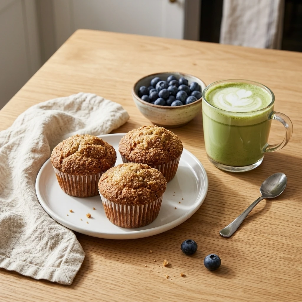  Breakfast plate of soft banana muffins served with a matcha latte and fresh blueberries