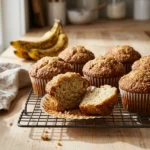 Tall golden banana muffins with sugar-crusted domes cooling on a wire rack, one split open