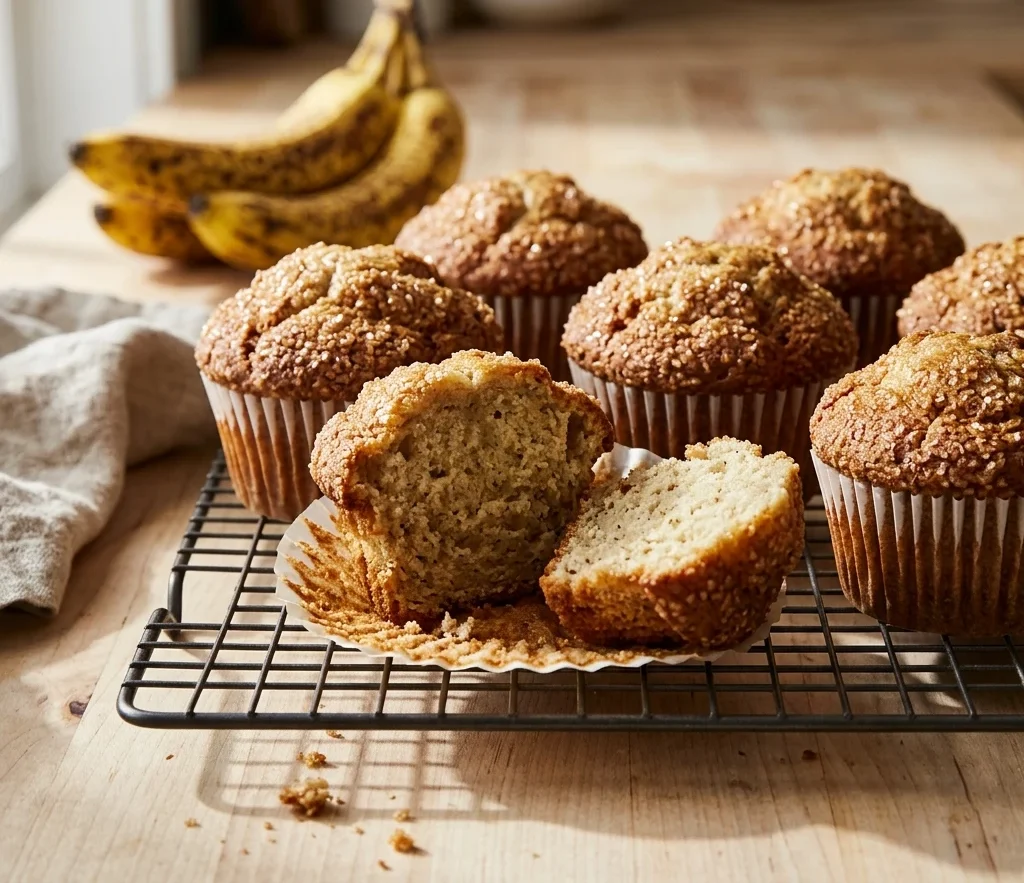 Tall golden banana muffins with sugar-crusted domes cooling on a wire rack, one split open
