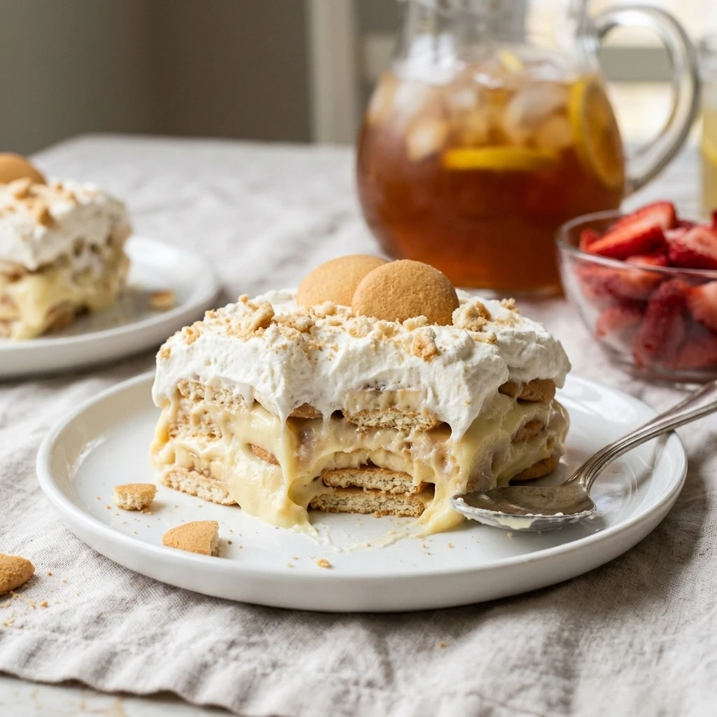  Scoop of chilled banana pudding with crushed wafer topping served on a white plate for a party
