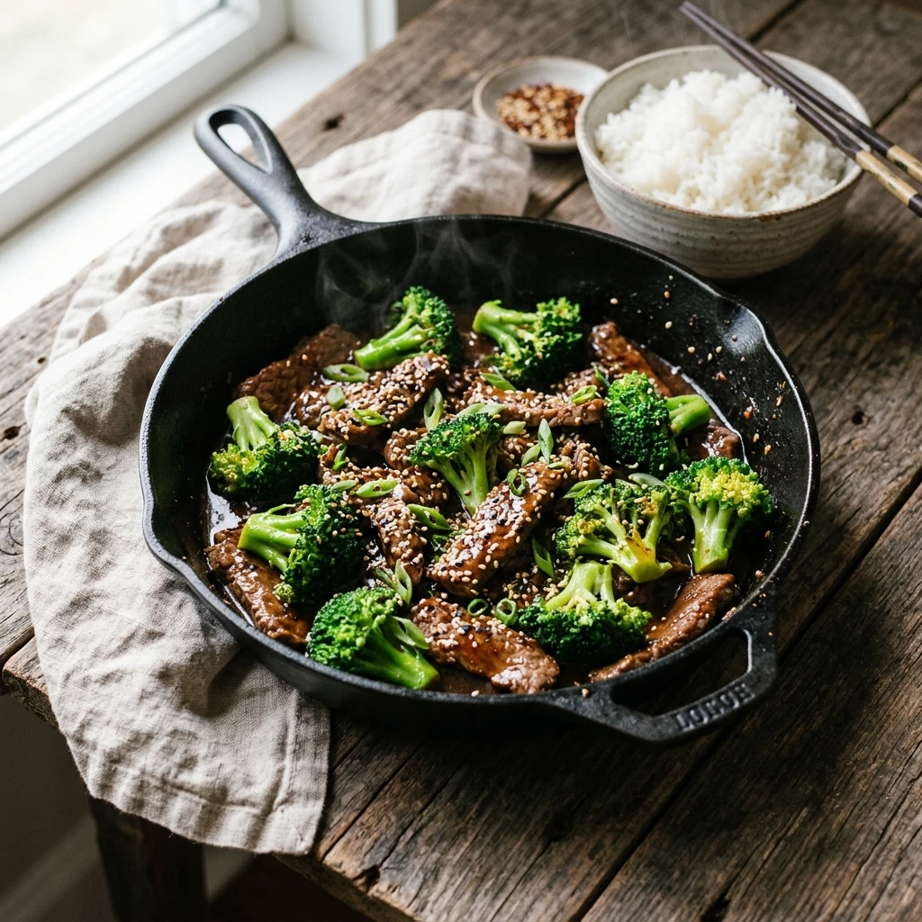 Skillet of beef and broccoli in glossy sauce topped with sesame seeds and green onions, served with rice