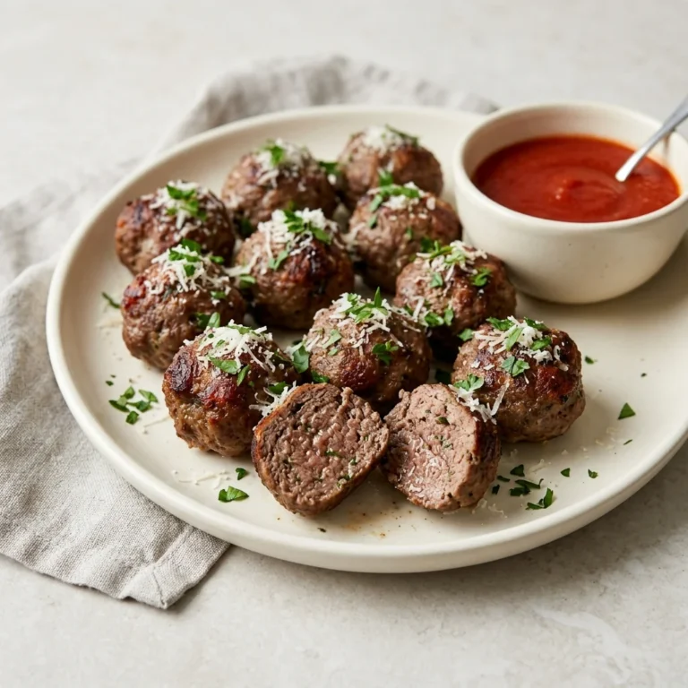 Tender baked meatballs with browned edges, Parmesan, parsley, and tomato sauce.
