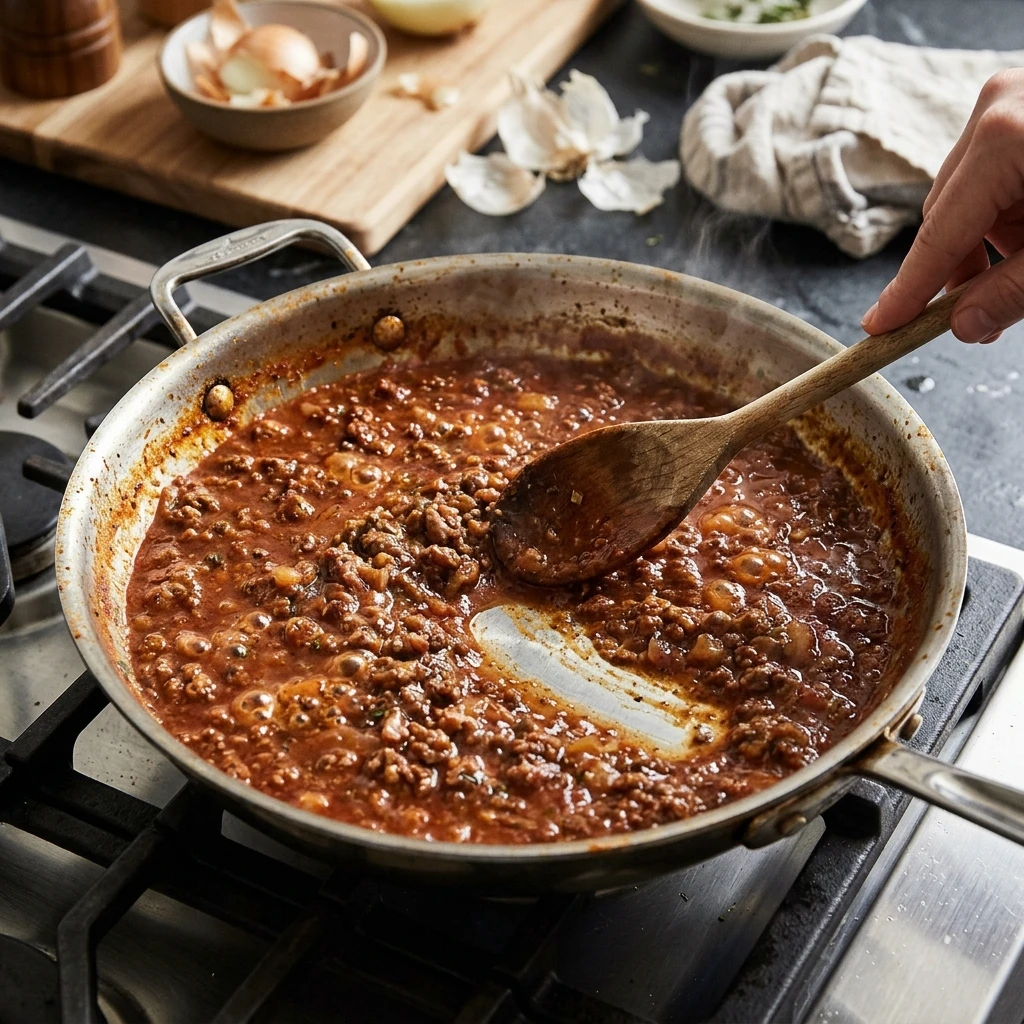 Beef sauce simmering in a skillet for baked ziti with meat sauce