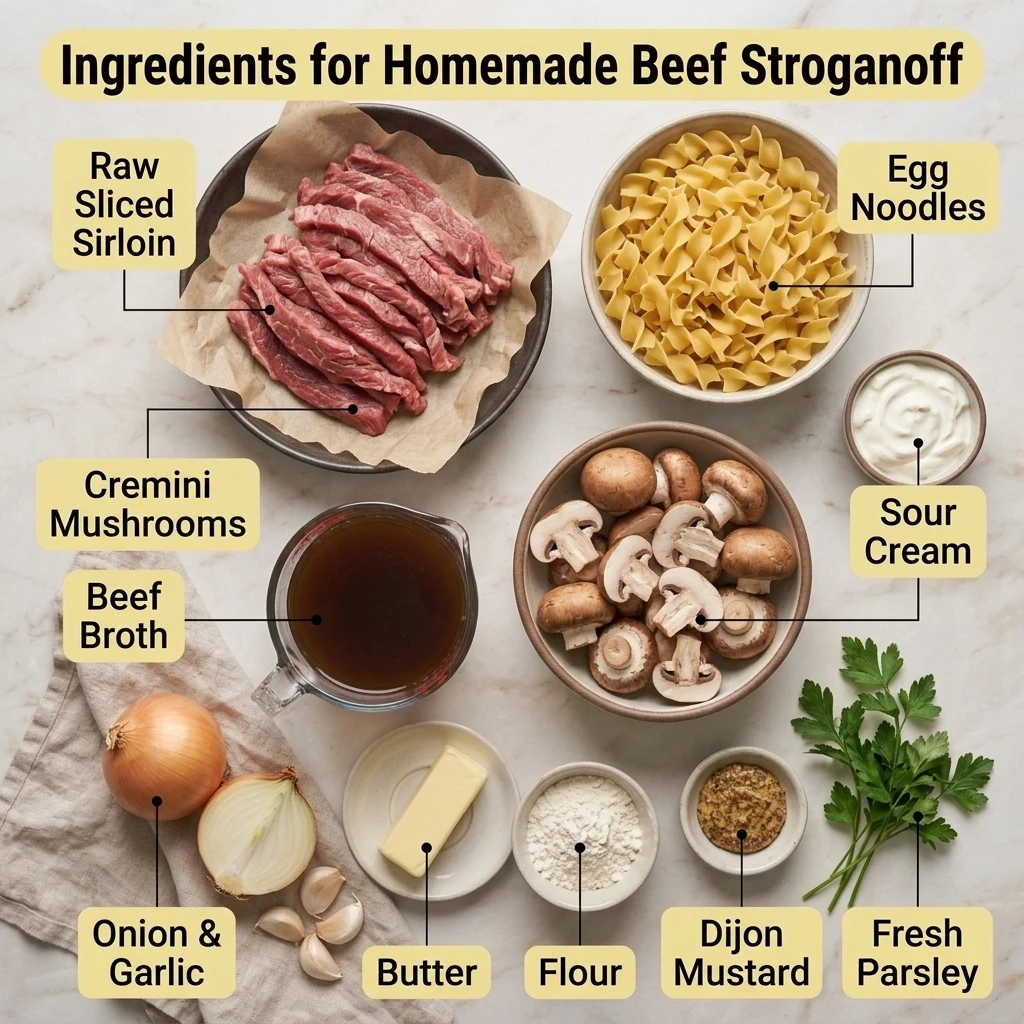  Overhead flat lay of sirloin, mushrooms, sour cream, broth, and noodles for homemade beef stroganoff
