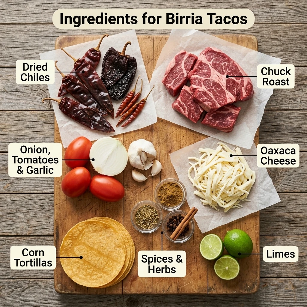  Dried guajillo and ancho chiles, chuck roast, and Oaxaca cheese laid out to make beef birria at home
