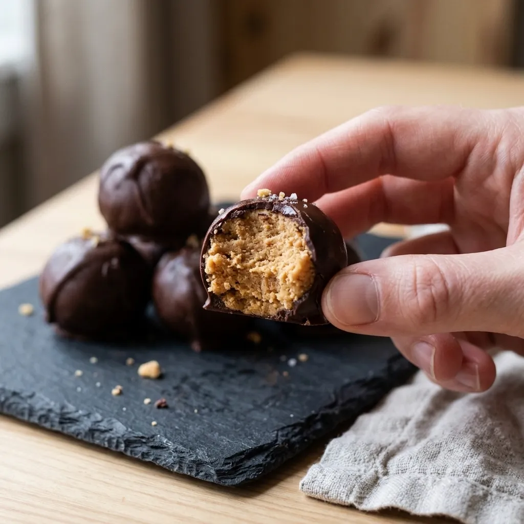 Close-up of a bitten chocolate peanut butter ball showing the creamy graham cracker center
