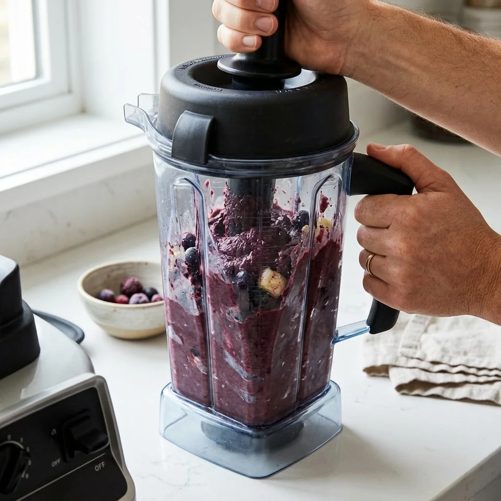 Thick frozen açaí mixture being tamped down in a blender during blending.