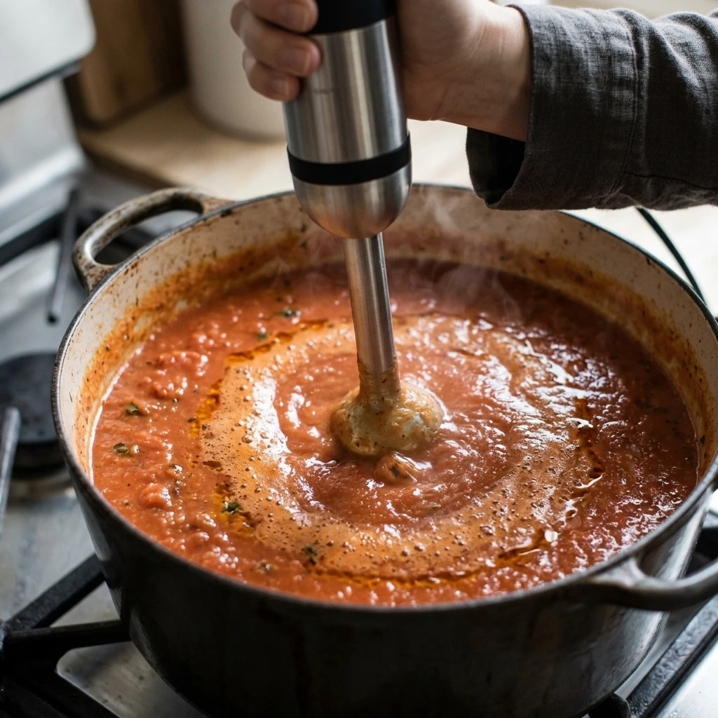  Immersion blender smoothing blended tomato soup into a velvety texture in a large pot
