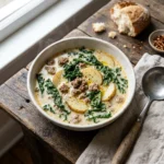 Bowl of creamy zuppa toscana soup with beef, potatoes, and kale on a wooden table