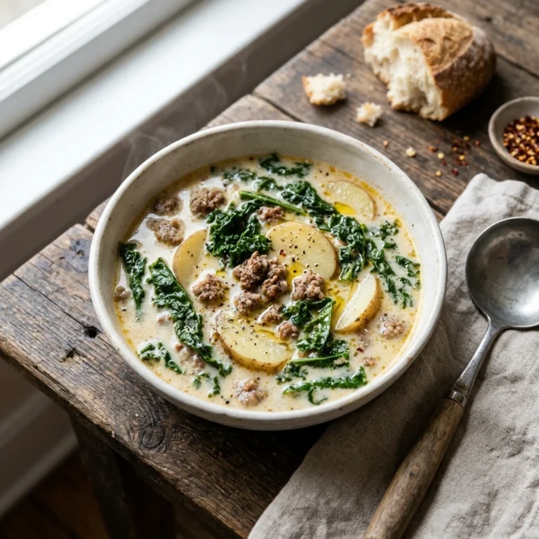Bowl of creamy zuppa toscana soup with beef, potatoes, and kale on a wooden table