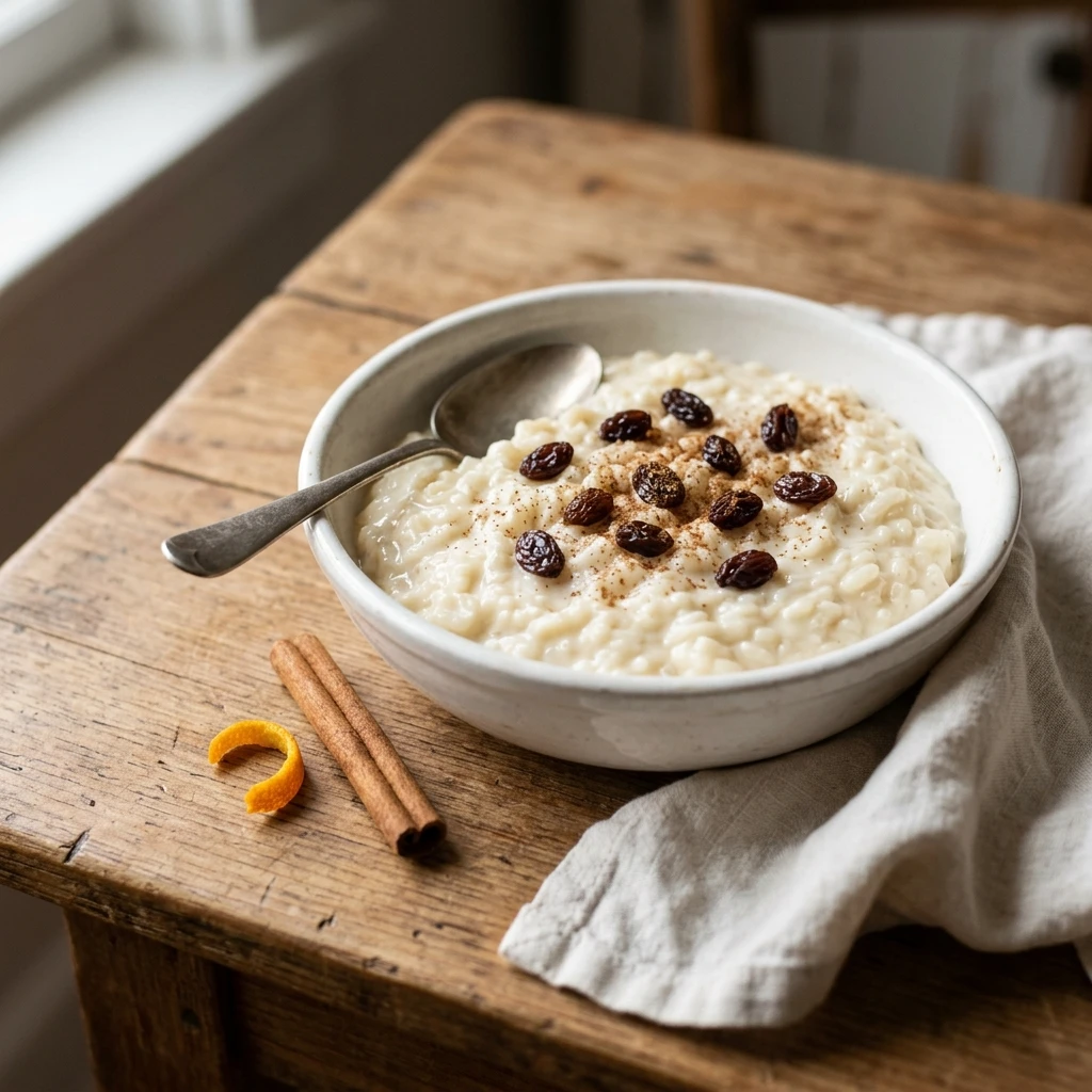 Bowl of creamy arroz con leche with raisins and cinnamon on a wooden table