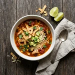 Bowl of chicken tortilla soup topped with crisp tortilla strips, avocado, and cheese on a wooden table