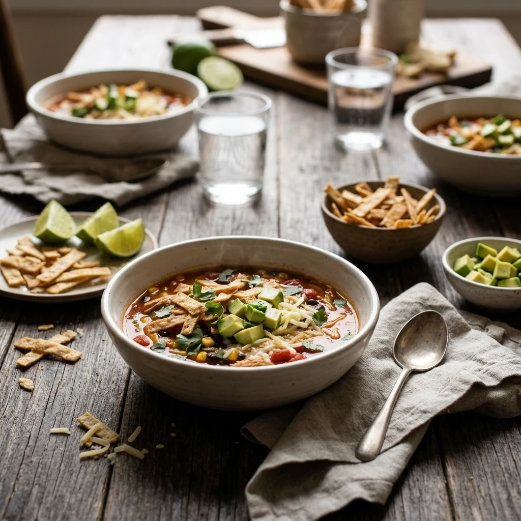 Hands setting down a bowl of chicken tortilla soup with baked tortilla strips and lime wedges for a family weeknight dinner
