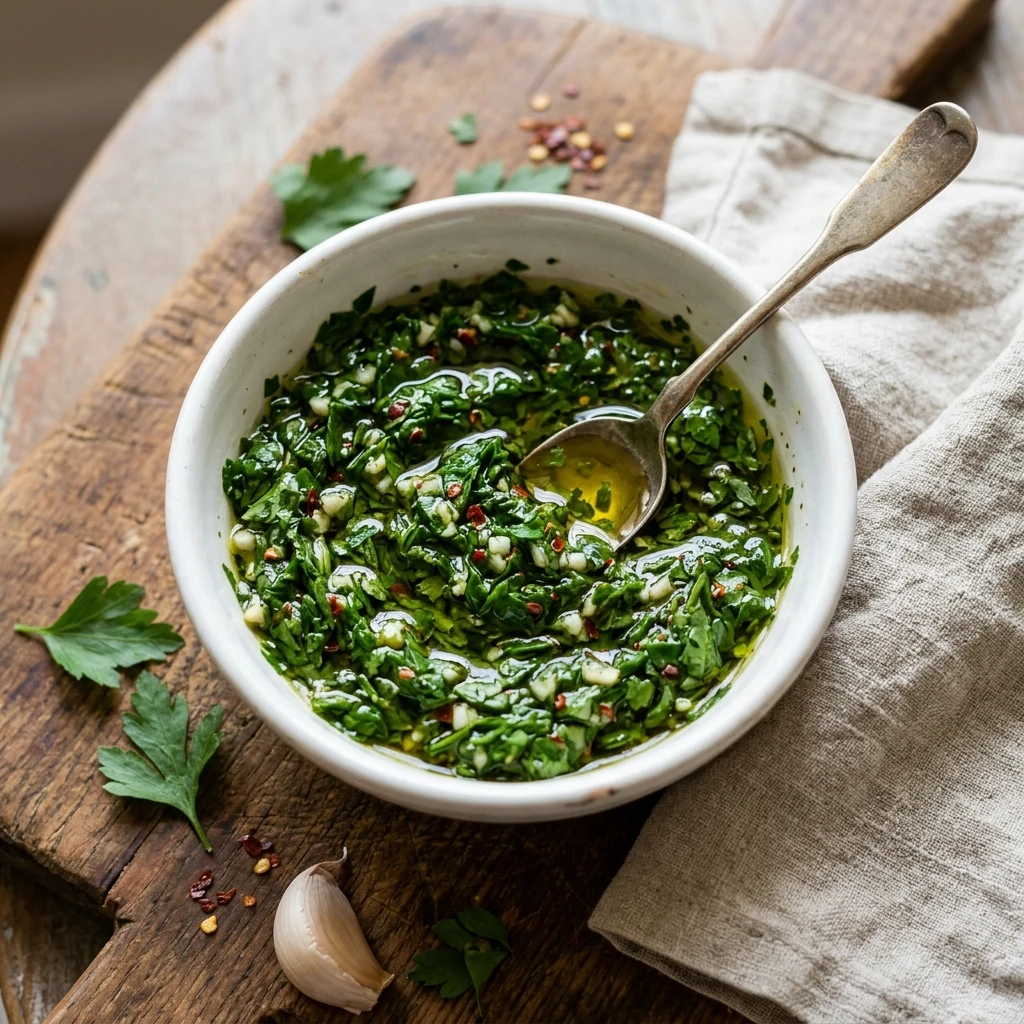  Bowl of homemade chimichurri sauce with chopped parsley and garlic glistening with olive oil on a wooden board