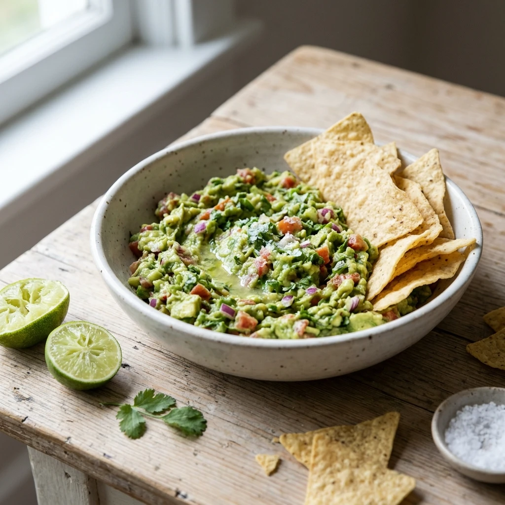 Bowl of creamy guacamole recipe with avocado chunks and tortilla chips on a wooden table