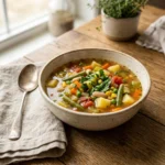 Homemade vegetable soup with potatoes, beans, green beans, corn, peas, and zucchini in tomato broth.
