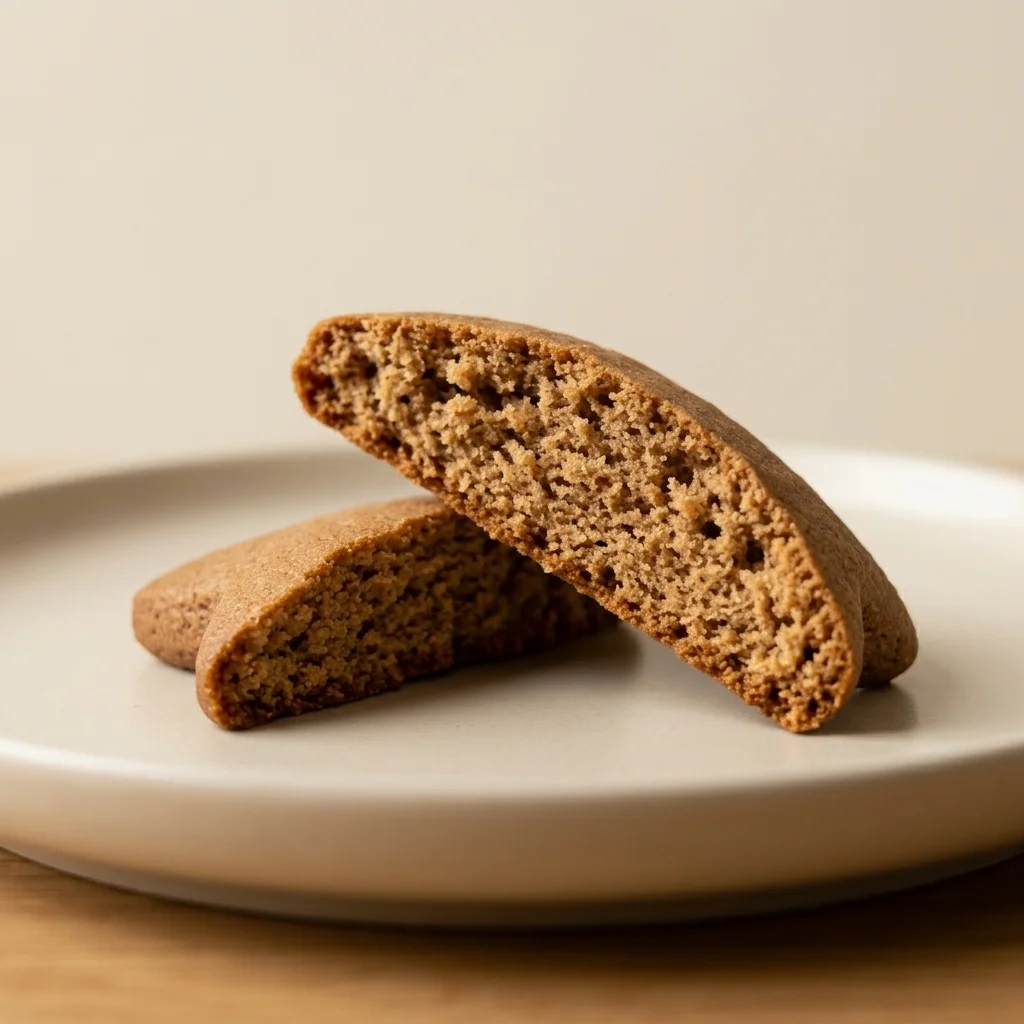 Close-up of a baked gingerbread cookie showing a soft center and firm edge.