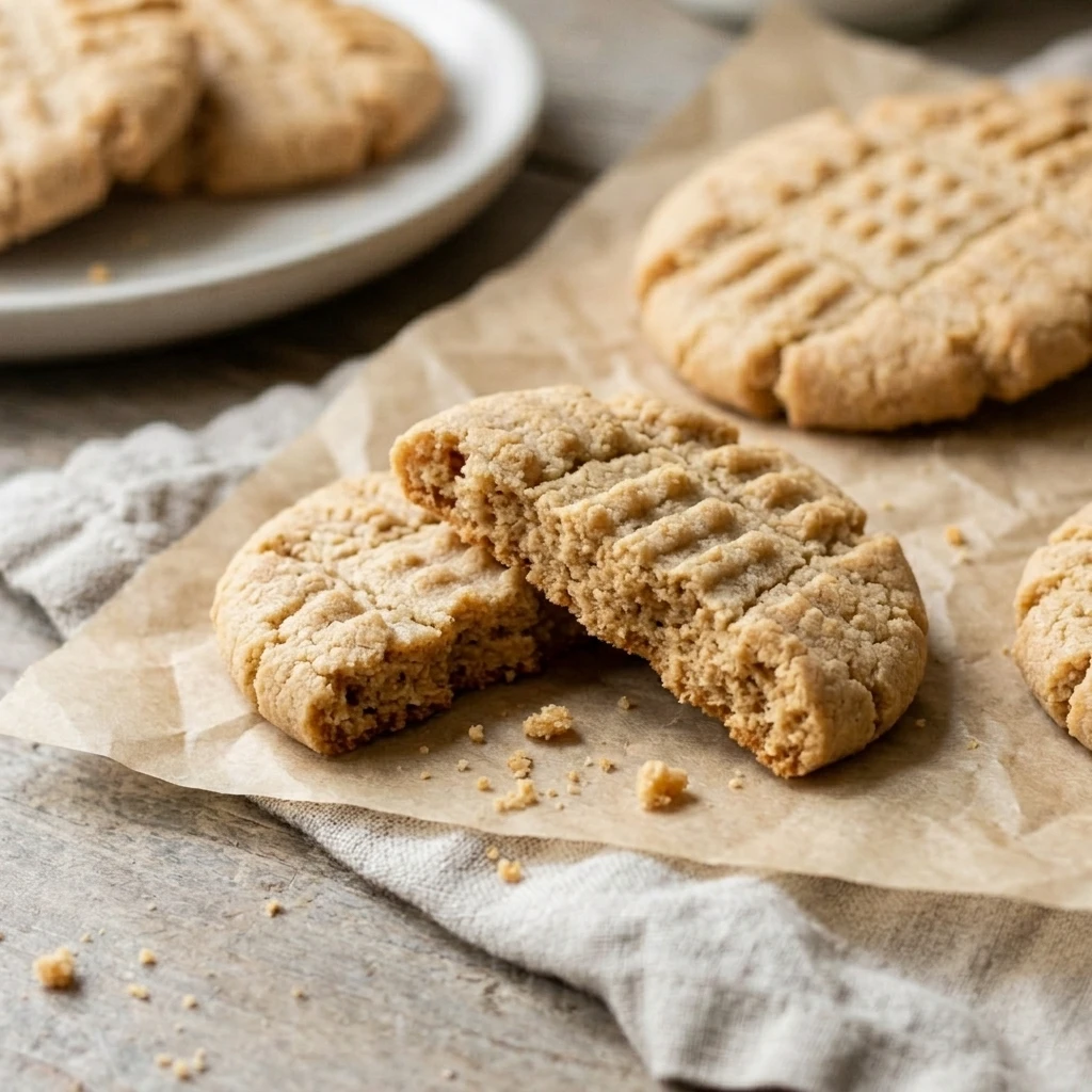 Broken homemade peanut butter cookie showing its tender center and slightly crisp golden rim
