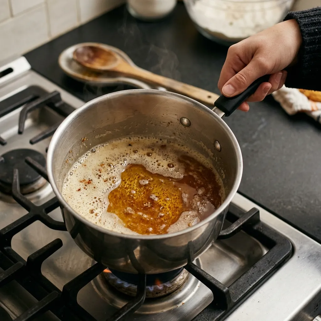 Butter browning in a stainless saucepan for chewy pumpkin cookie dough
