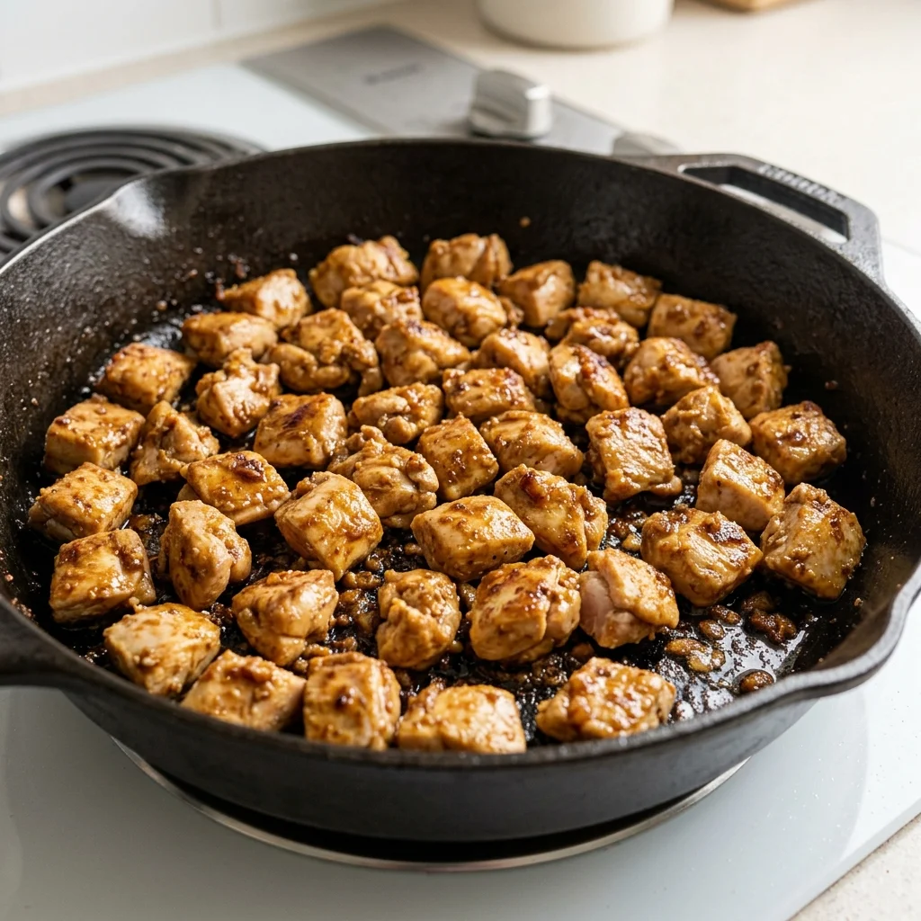 Yogurt-marinated chicken thighs browned in a skillet before the tomato sauce is added.