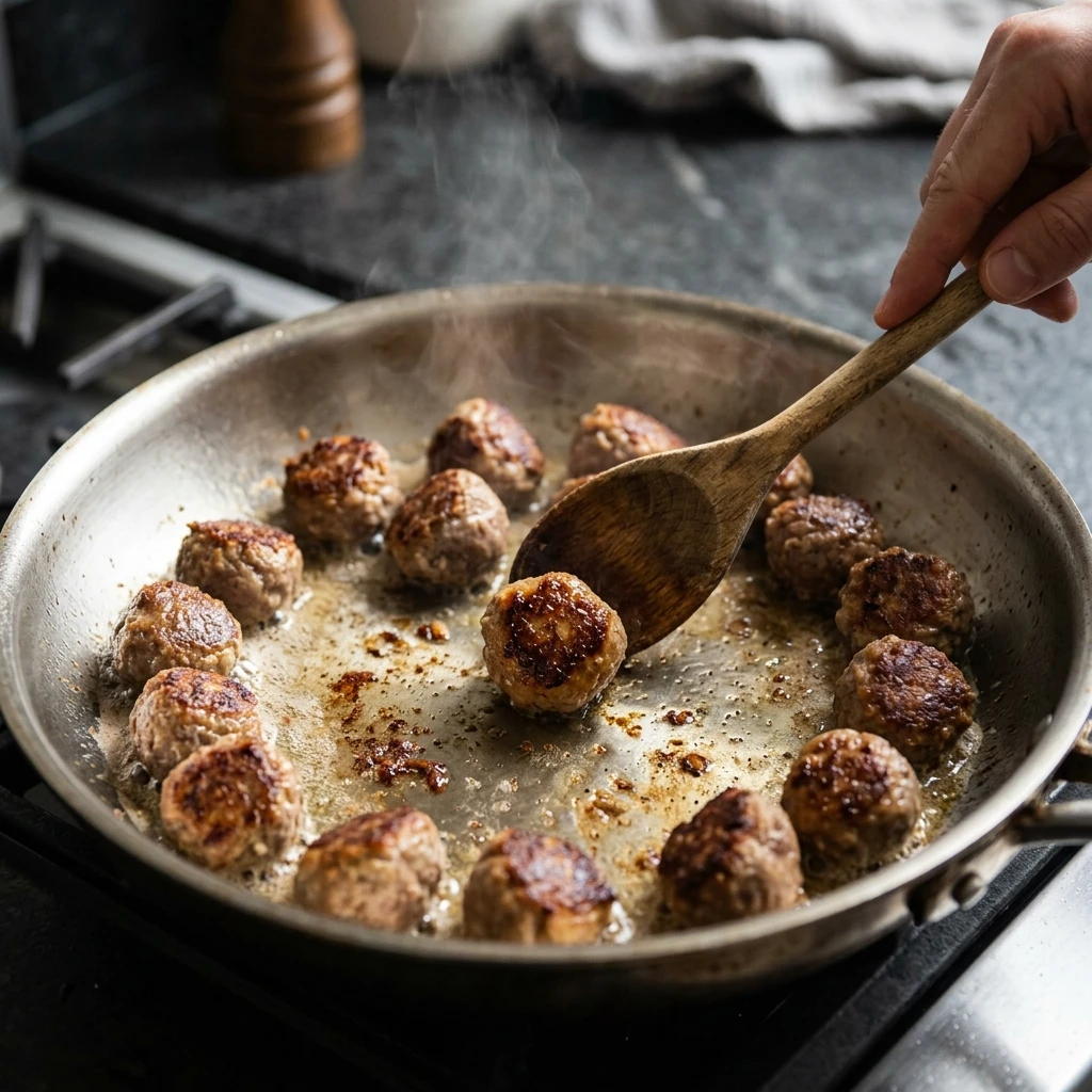 Browning Swedish meatballs in a stainless skillet until golden, a key step in this easy recipe