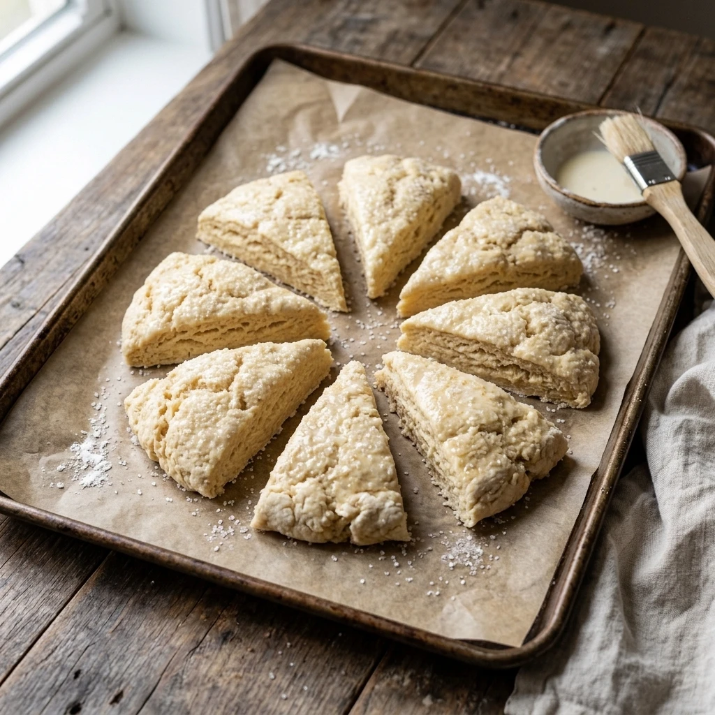 Unbaked scone wedges brushed with cream and coarse sugar on parchment, ready to bake in a hot oven