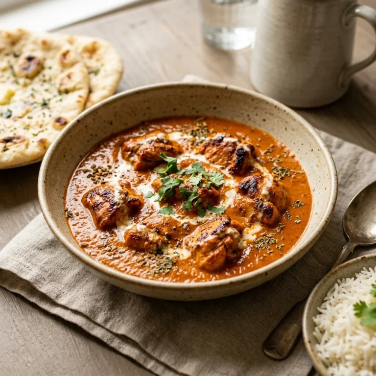Butter chicken with browned chicken pieces in a creamy tomato sauce served beside naan.