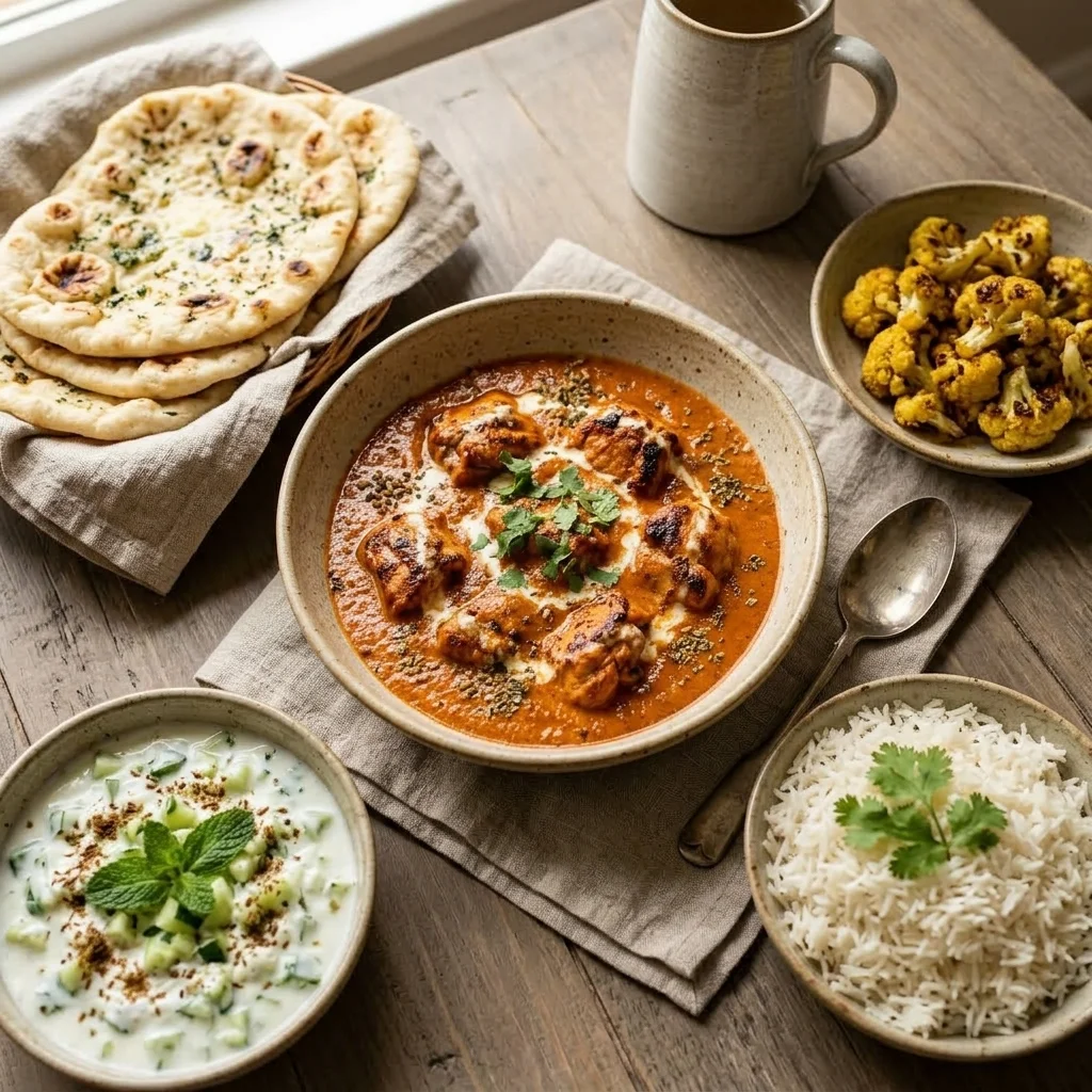 Butter chicken dinner served with basmati rice, naan, cucumber yogurt salad, and roasted cauliflower.