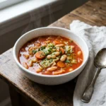 Steaming bowl of cabbage soup with white beans and carrots, served as an easy weeknight dinner