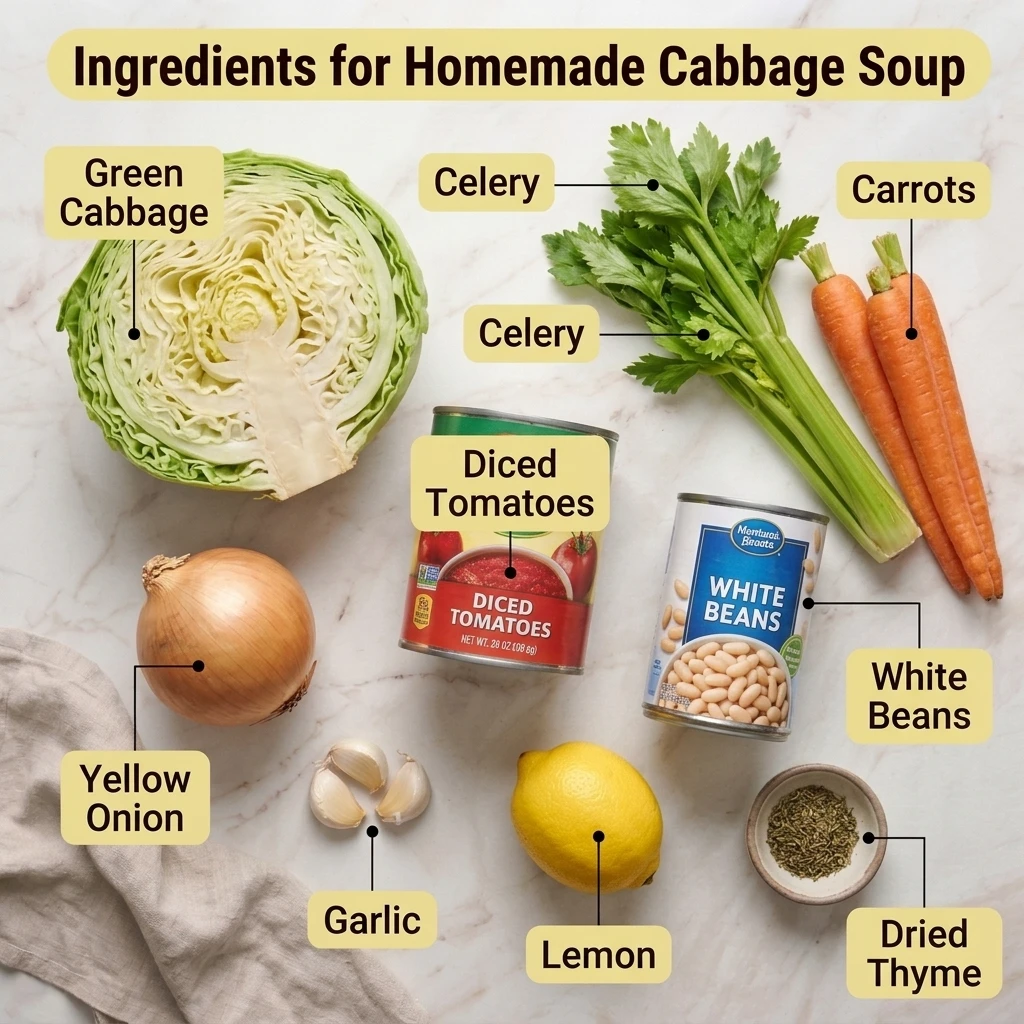 Flat lay of green cabbage, carrots, celery, tomatoes, and white beans for homemade cabbage soup