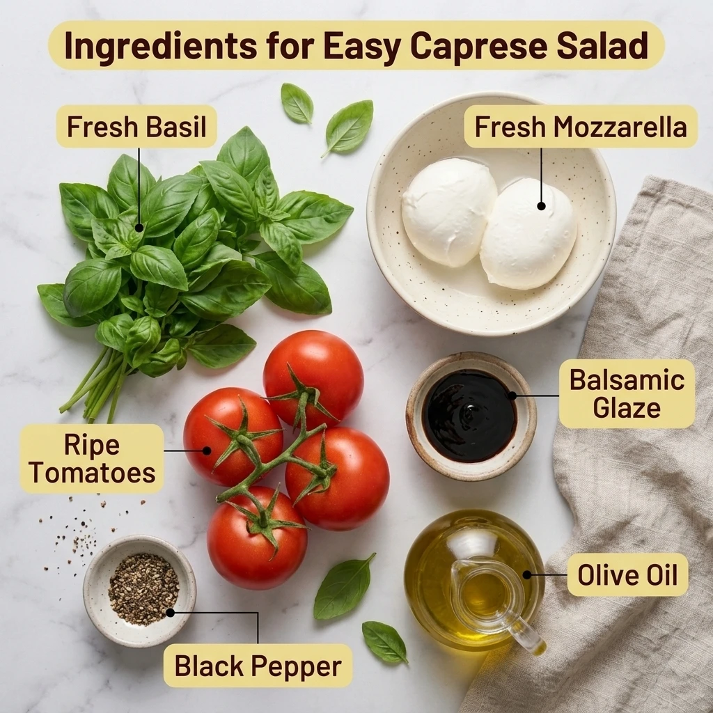 Ingredients for easy caprese salad laid flat: ripe tomatoes, fresh mozzarella, basil, olive oil, and balsamic glaze
